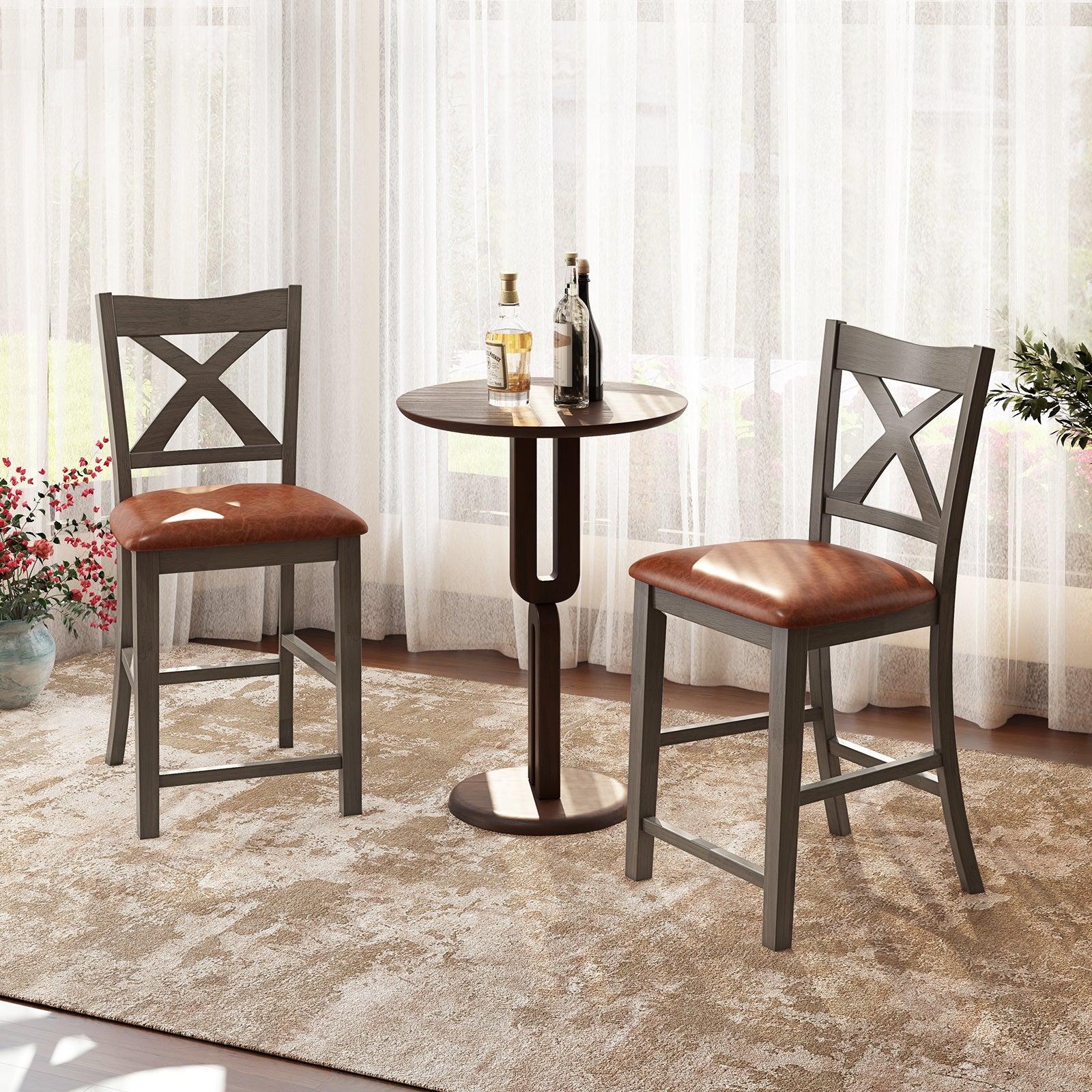 Bar Stools Set of 2 with Cross Back and Faux Leather Upholstered Seat, Gray Bar Stools at Gallery Canada
