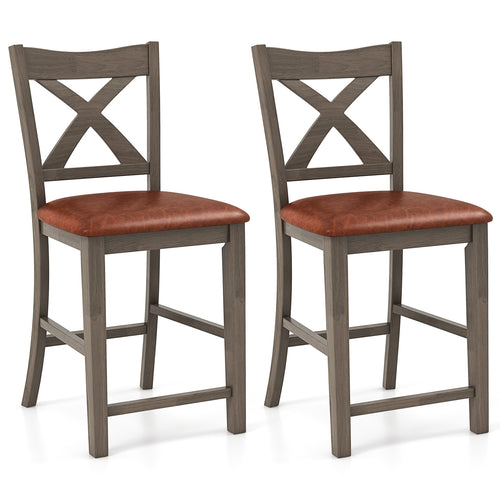 Bar Stools Set Of 2, Cross Back, Faux Leather Seat, Gray
