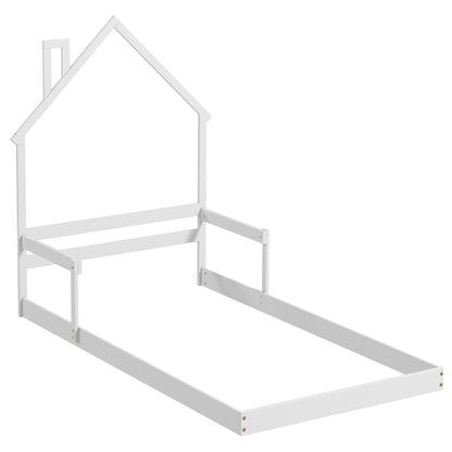 Twin Size Floor Bed with Chimney and Headboard and Handrail, White Toddler Beds at Gallery Canada
