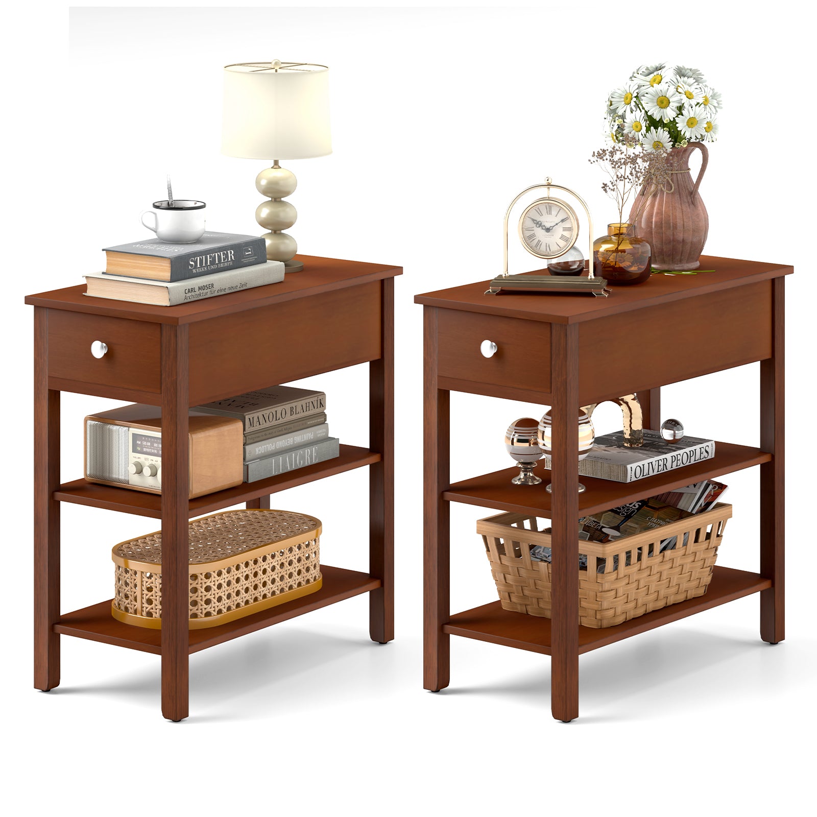 3-Tier Narrow End Table with Drawer and Storage Shelves Set of 2, Brown End & Side Tables at Gallery Canada