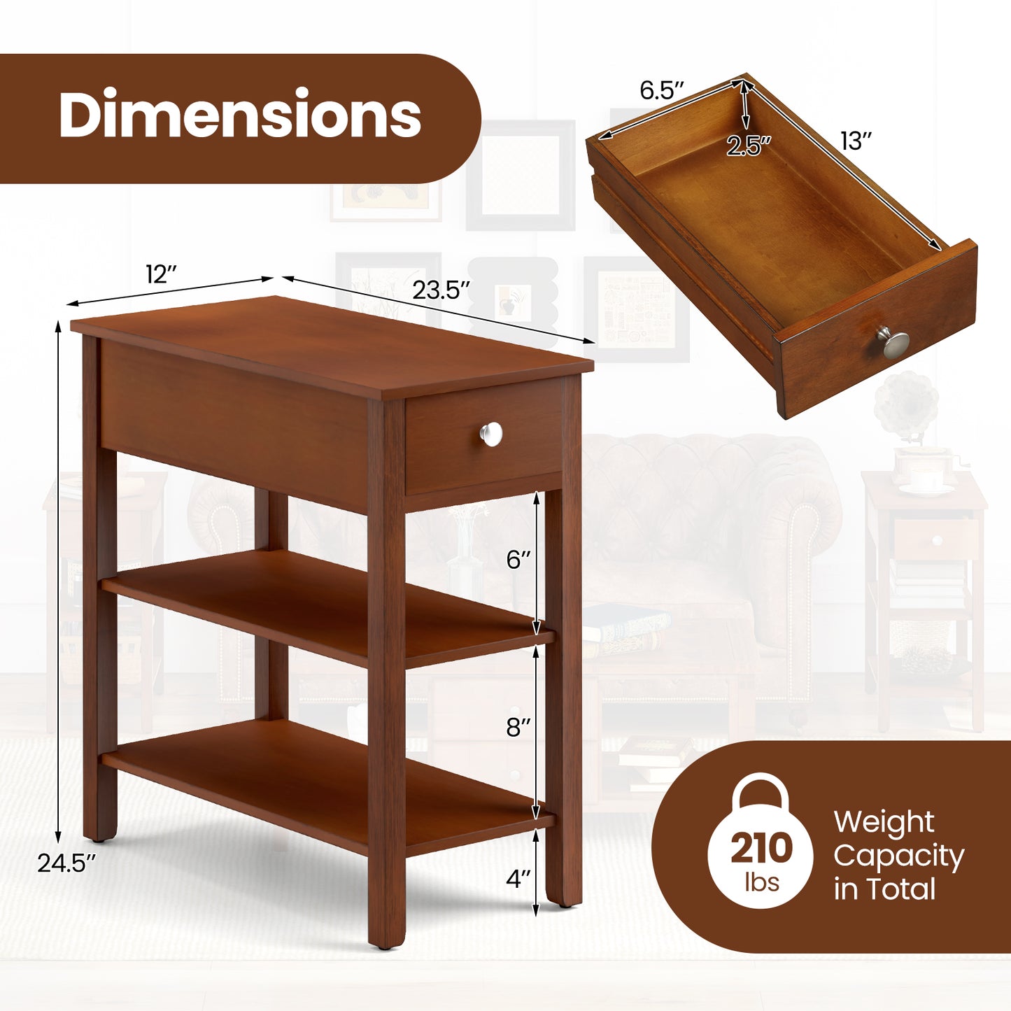 3-Tier Narrow End Table with Drawer and Storage Shelves Set of 2, Brown End & Side Tables at Gallery Canada
