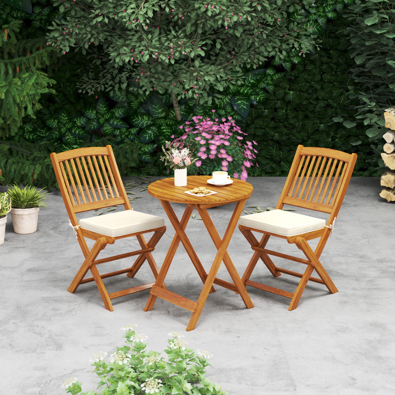 Outdoor Folding Chairs with Seat Cushions Set of 2, Beige Patio Dining Chairs at Gallery Canada