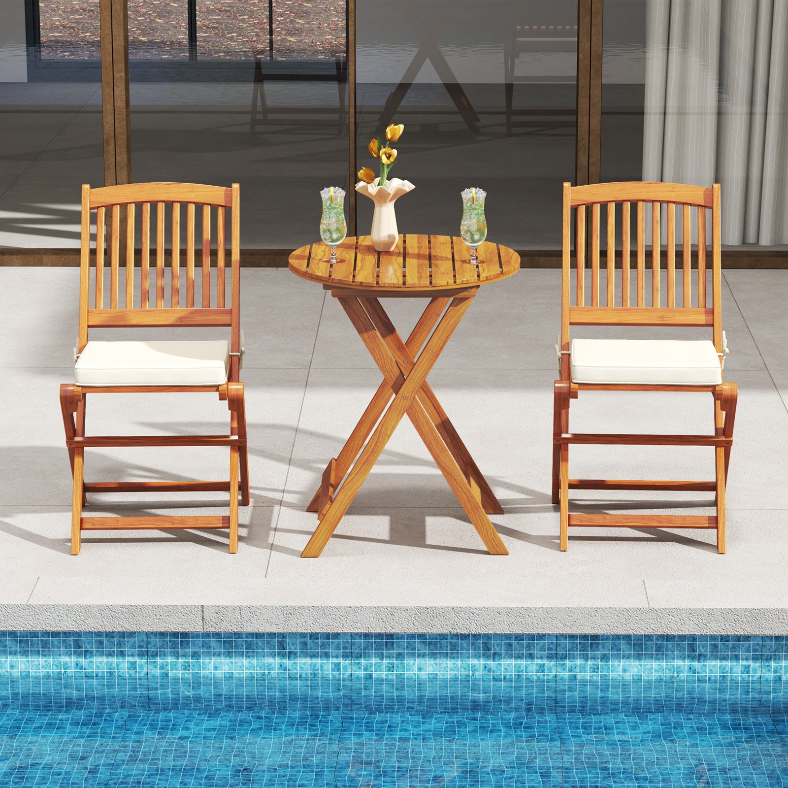 Outdoor Folding Chairs with Seat Cushions Set of 2, Beige Patio Dining Chairs at Gallery Canada