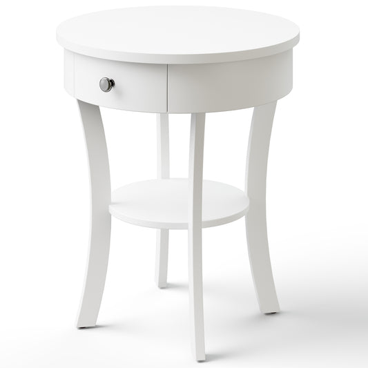2-Tier Wood Round End Table, With Open Drawer, White