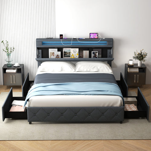 Full/Queen Size Bed Frame with Adjustable Storage Headboard and Wooden Slat Support-Queen Size