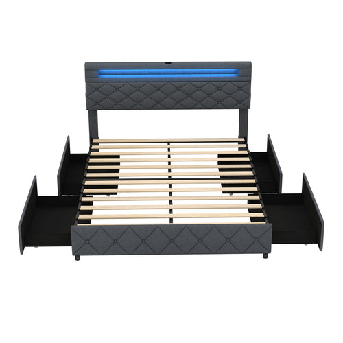 Full/Queen Size Bed Frame with Adjustable Storage Headboard and Wooden Slat Support-Queen Size