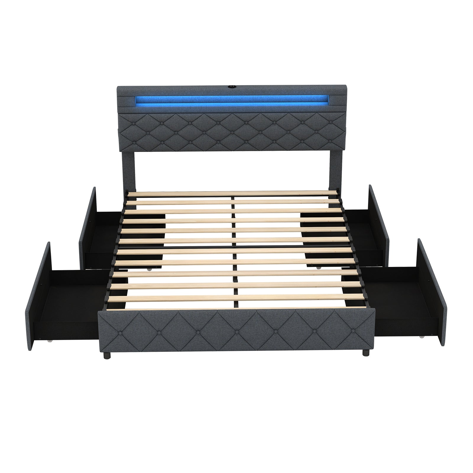 Queen Size Bed Frame, Adjustable Storage Headboard, Wooden Slat Support Simple Bed Frame at Gallery Canada