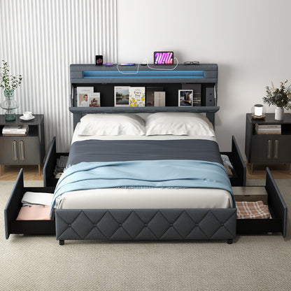 Full/Queen Size Bed Frame with Adjustable Storage Headboard and Wooden Slat Support-Full, Gray Simple Bed Frame at Gallery Canada