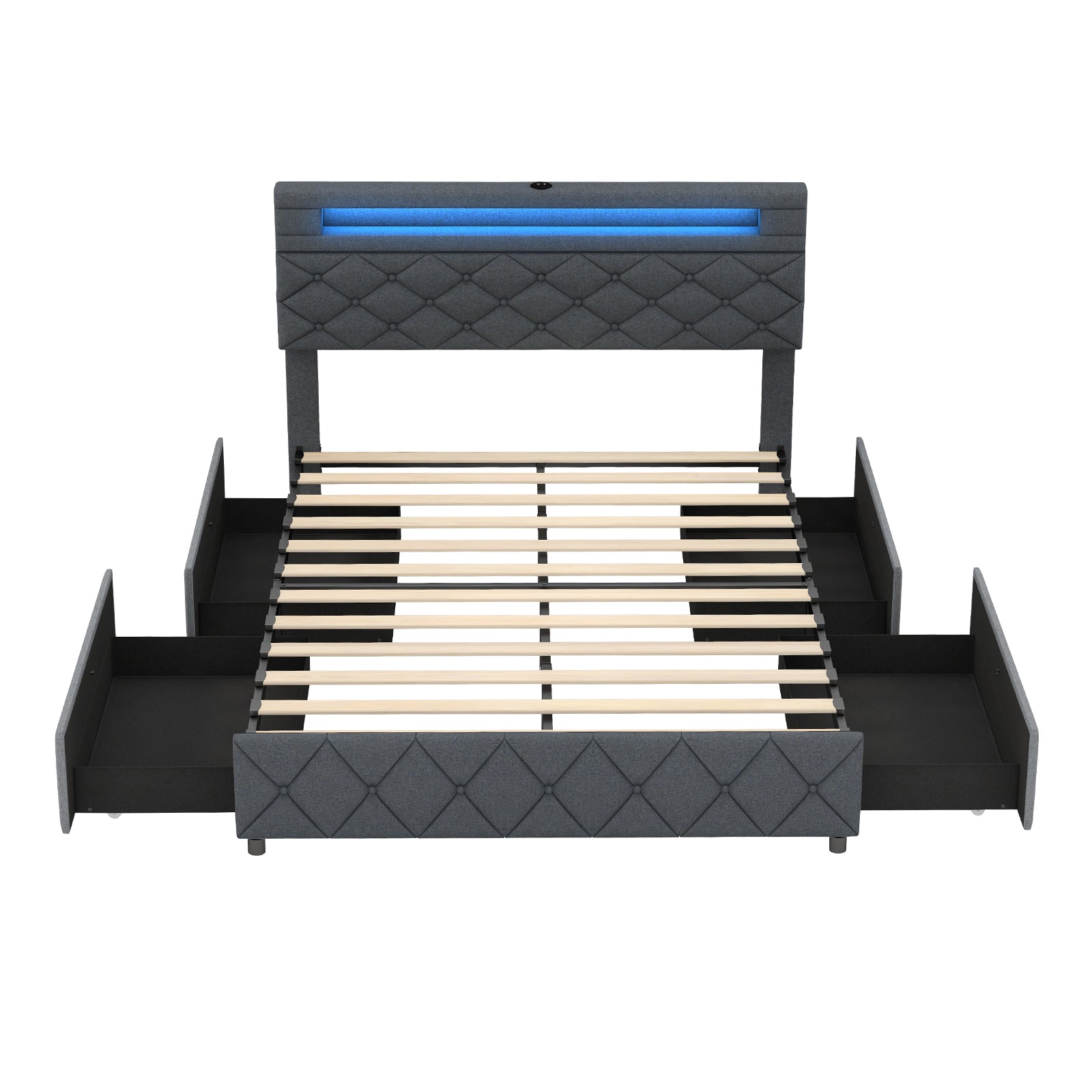 Full/Queen Bed Frame, Adjustable Storage Headboard, Wooden Slat Support, Gray Simple Bed Frame at Gallery Canada