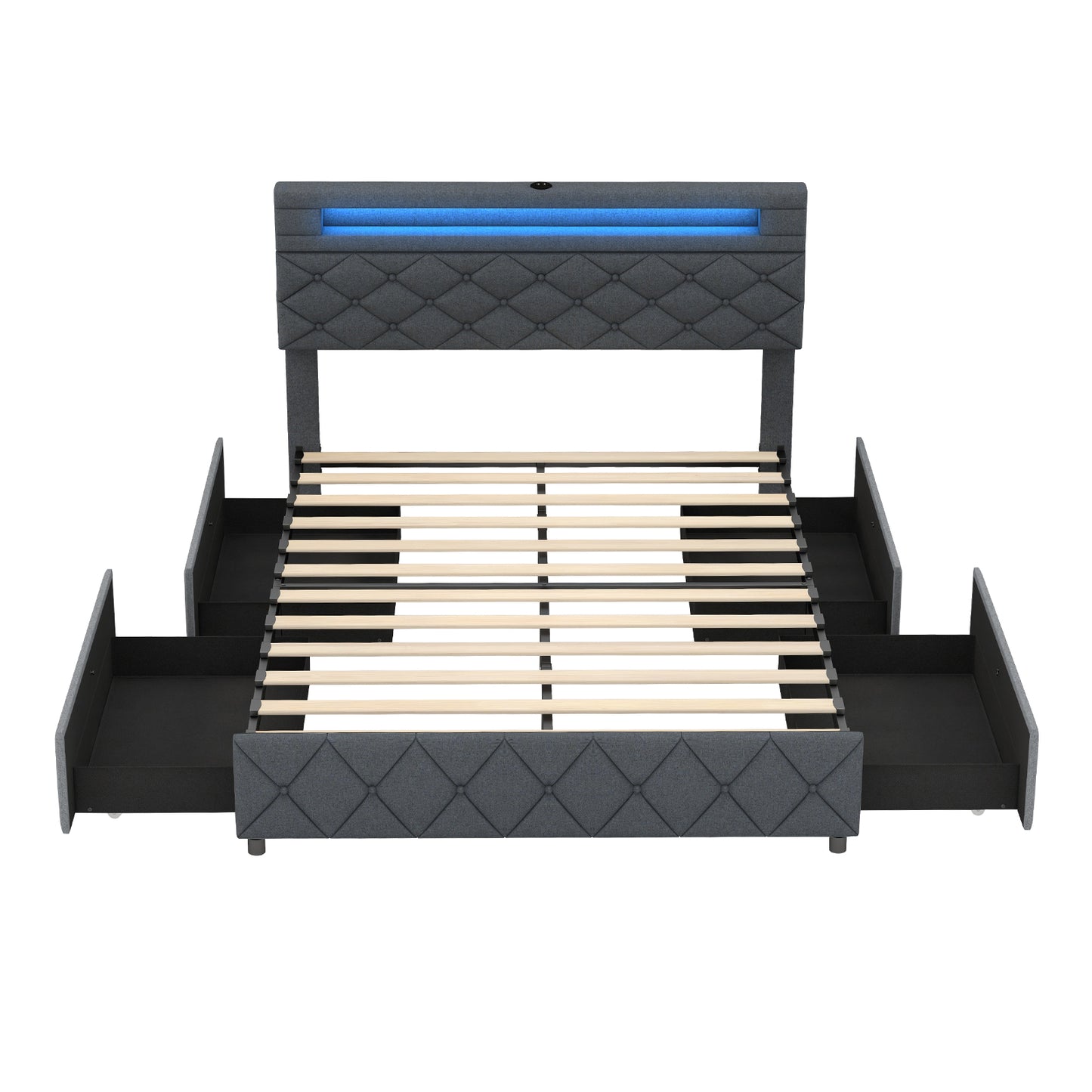 Full/Queen Bed Frame, Adjustable Storage Headboard, Wooden Slat Support, Gray Simple Bed Frame at Gallery Canada