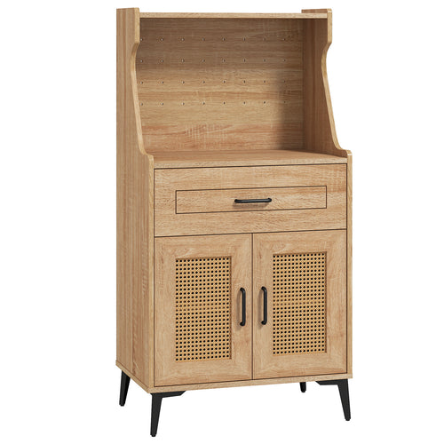 Coffee Bar Cabinet With Pegboard, Storage Drawer, Adjustable Shelf, Oak