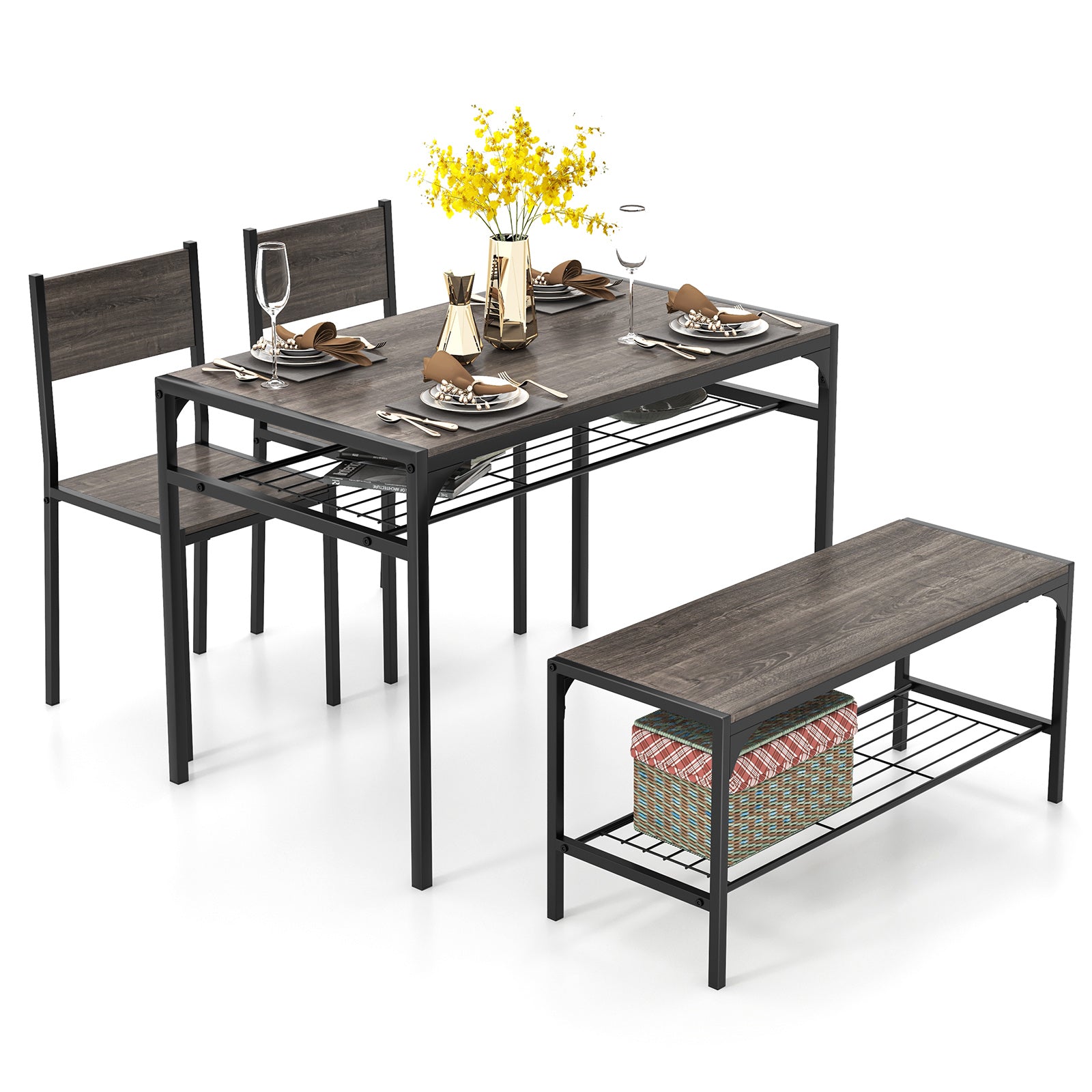 Industrial Rectangular Kitchen Table With Bench And Chairs, Gray Dining Room Sets Gray at Gallery Canada