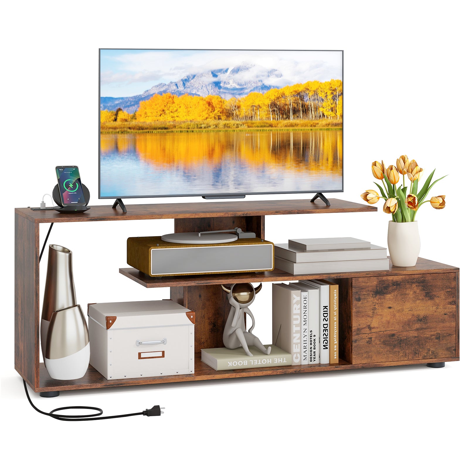 60 Inch Entertainment Center TV Stand with Power Outlet, Rustic Brown Entertainment Centers & TV Stands at Gallery Canada