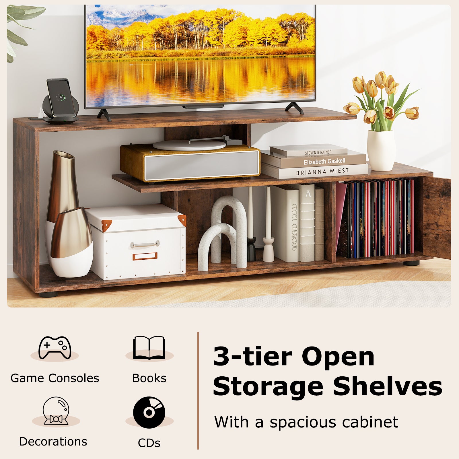 60 Inch Entertainment Center TV Stand with Power Outlet, Rustic Brown Entertainment Centers & TV Stands at Gallery Canada