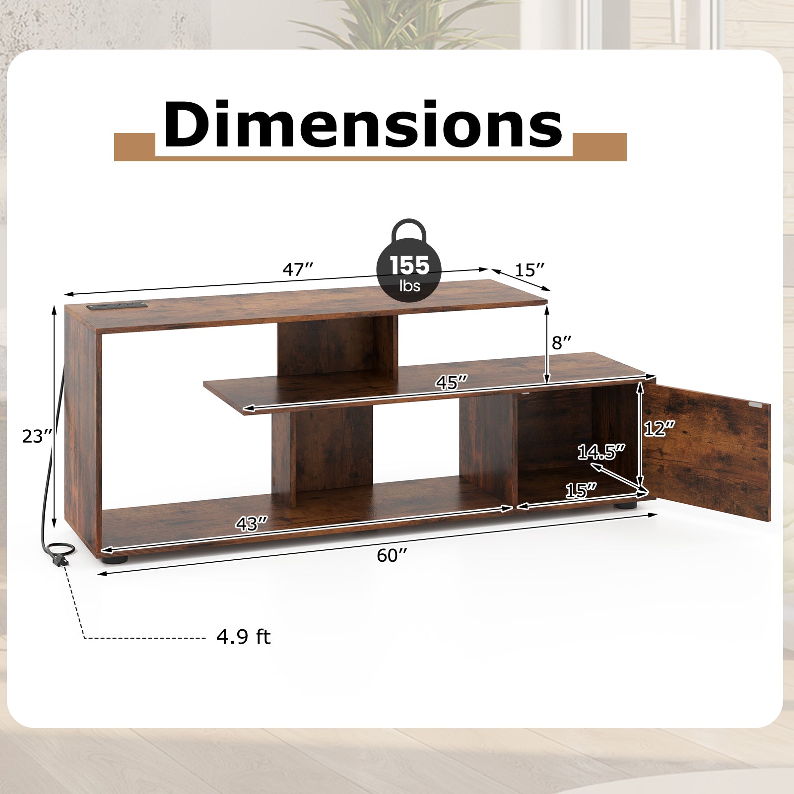 60 Inch Entertainment Center TV Stand with Power Outlet, Rustic Brown Entertainment Centers & TV Stands at Gallery Canada