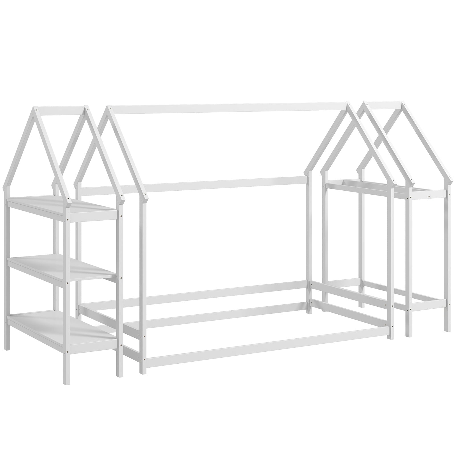 Twin Size Montessori Floor House Bed, Detachable Storage Shelves, White Toddler Beds White at Gallery Canada