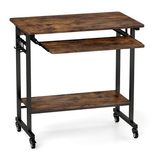 Rolling Laptop Table With Pull-Out Keyboard Tray, Rustic Brown