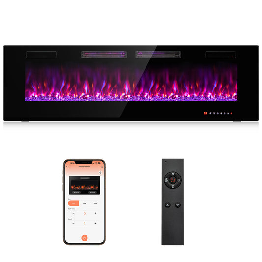 60 Inch Ultra-Thin Electric Fireplace, Decorative Crystals, Black