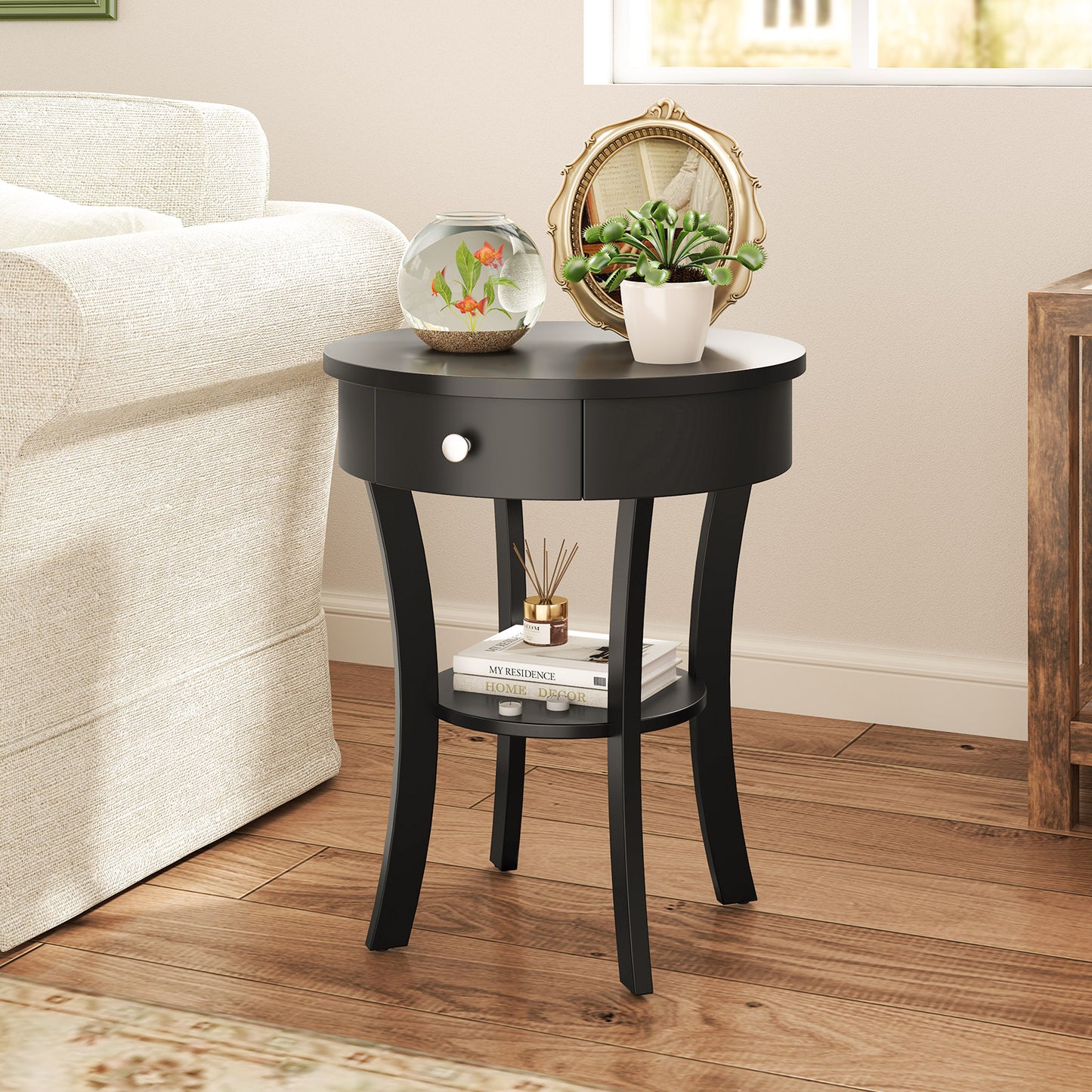 2-Tier Wood Round End Table with Open Drawer, Black End & Side Tables at Gallery Canada