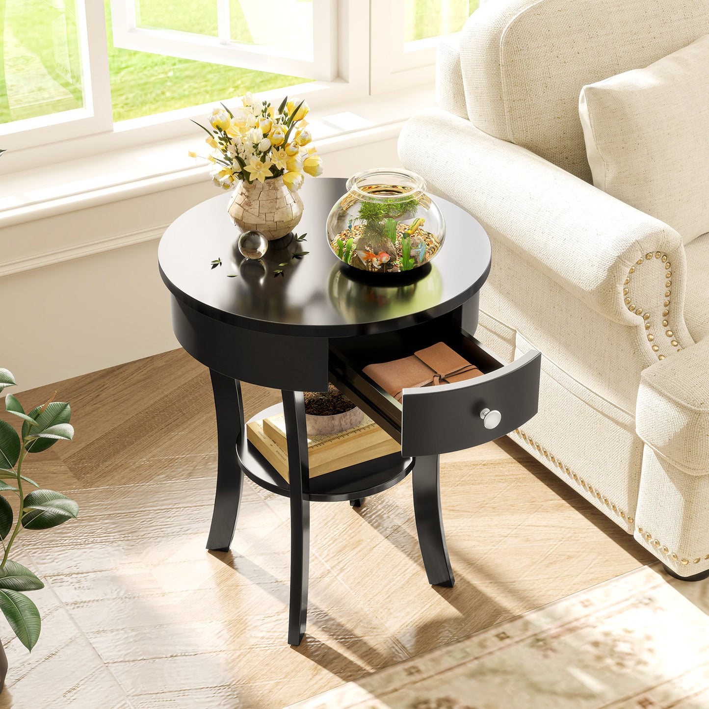 2-Tier Wood Round End Table with Open Drawer, Black End & Side Tables at Gallery Canada