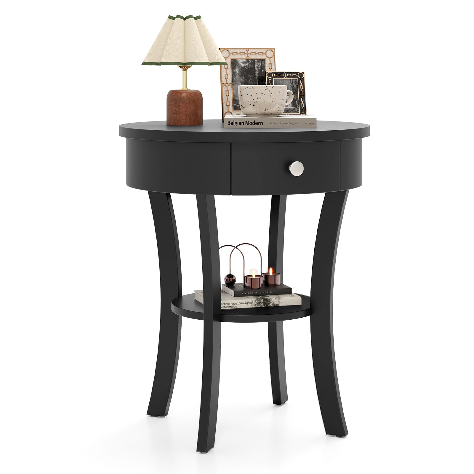 2-Tier Wood Round End Table, Open Drawer, Black End & Side Tables at Gallery Canada