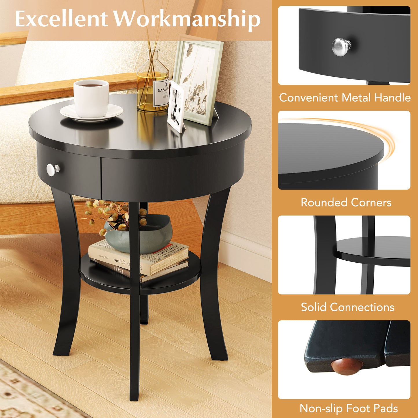 2-Tier Wood Round End Table with Open Drawer, Black End & Side Tables at Gallery Canada