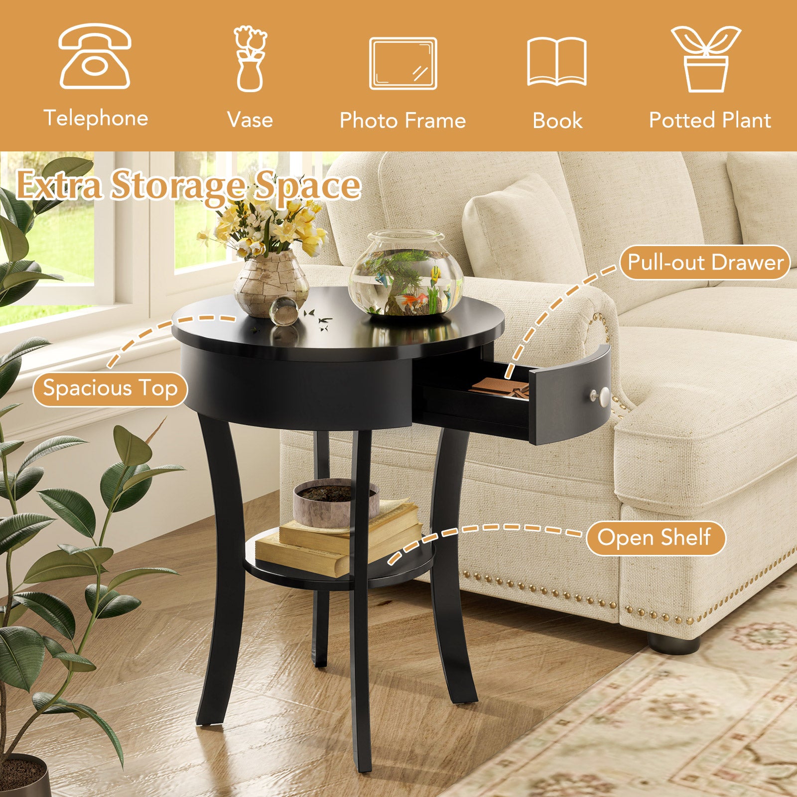 2-Tier Wood Round End Table with Open Drawer, Black End & Side Tables at Gallery Canada