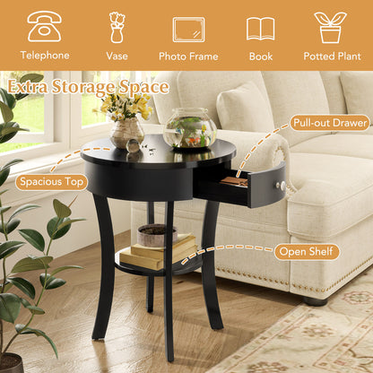 2-Tier Wood Round End Table with Open Drawer, Black End & Side Tables at Gallery Canada