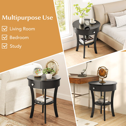 2-Tier Wood Round End Table with Open Drawer, Black End & Side Tables at Gallery Canada