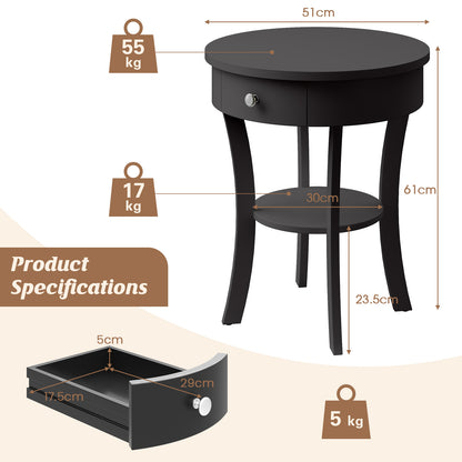 2-Tier Wood Round End Table with Open Drawer, Black End & Side Tables at Gallery Canada