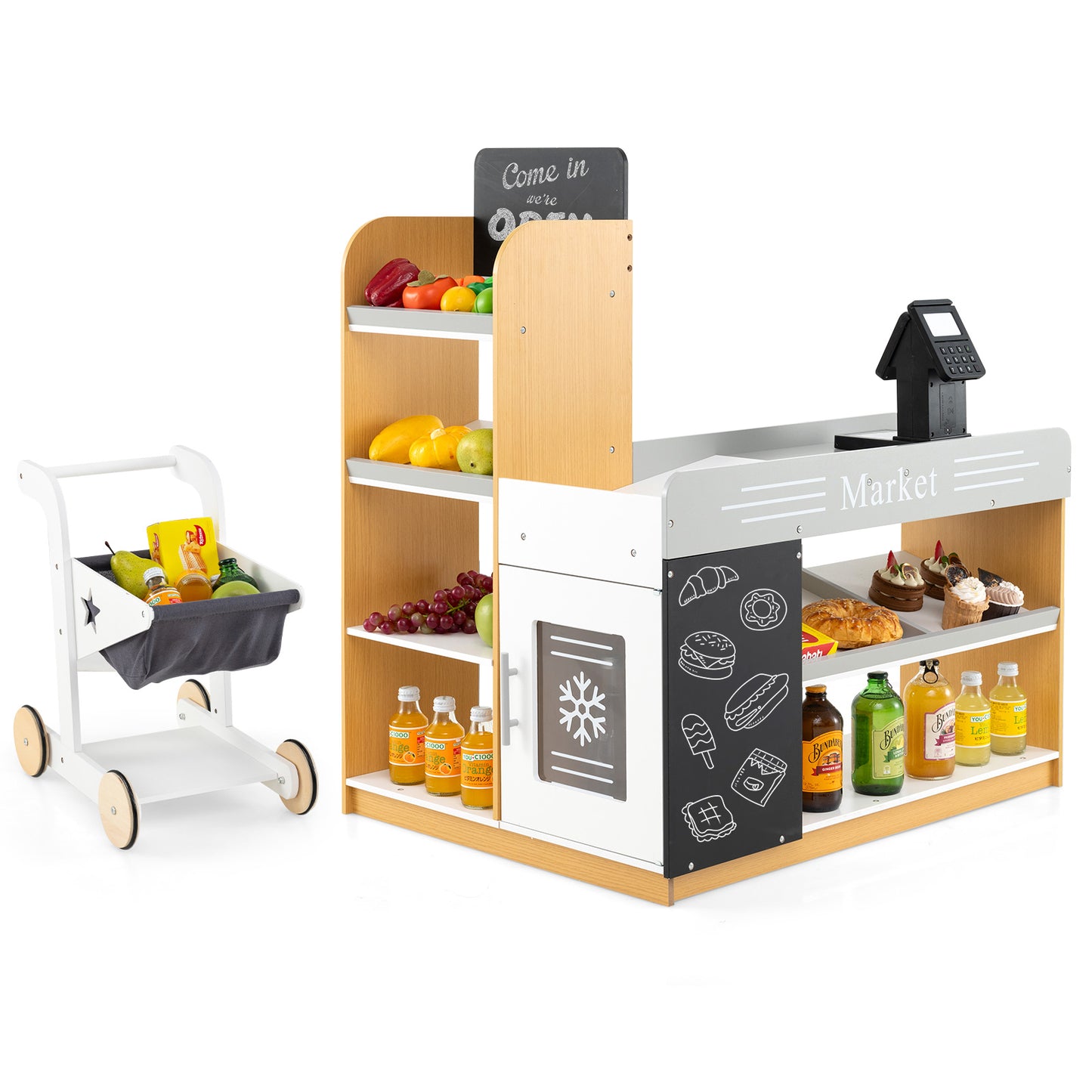 Pretend Play Grocery Store Set with Shopping Cart and 2 Chalkboards, White Play Kitchen Sets at Gallery Canada