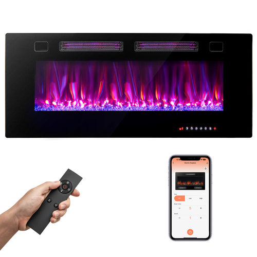 42 Inch Electric Fireplace With Decorative Crystals, Smart App Control, Black
