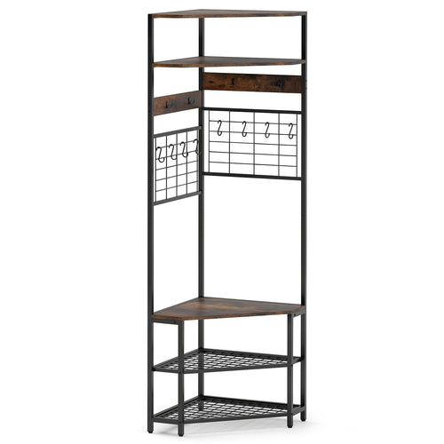 5-Tier Corner Hall Tree with Shoe Storage Bench, Rustic Brown