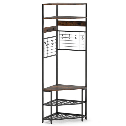 5-Tier Corner Hall Tree, Shoe Storage Bench, Brown