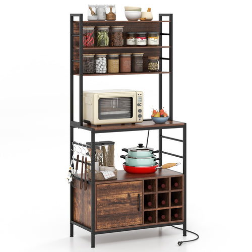 Coffee Bar Cabinet with S-Shaped Hooks and Wine Bottle Holders, Rustic Brown