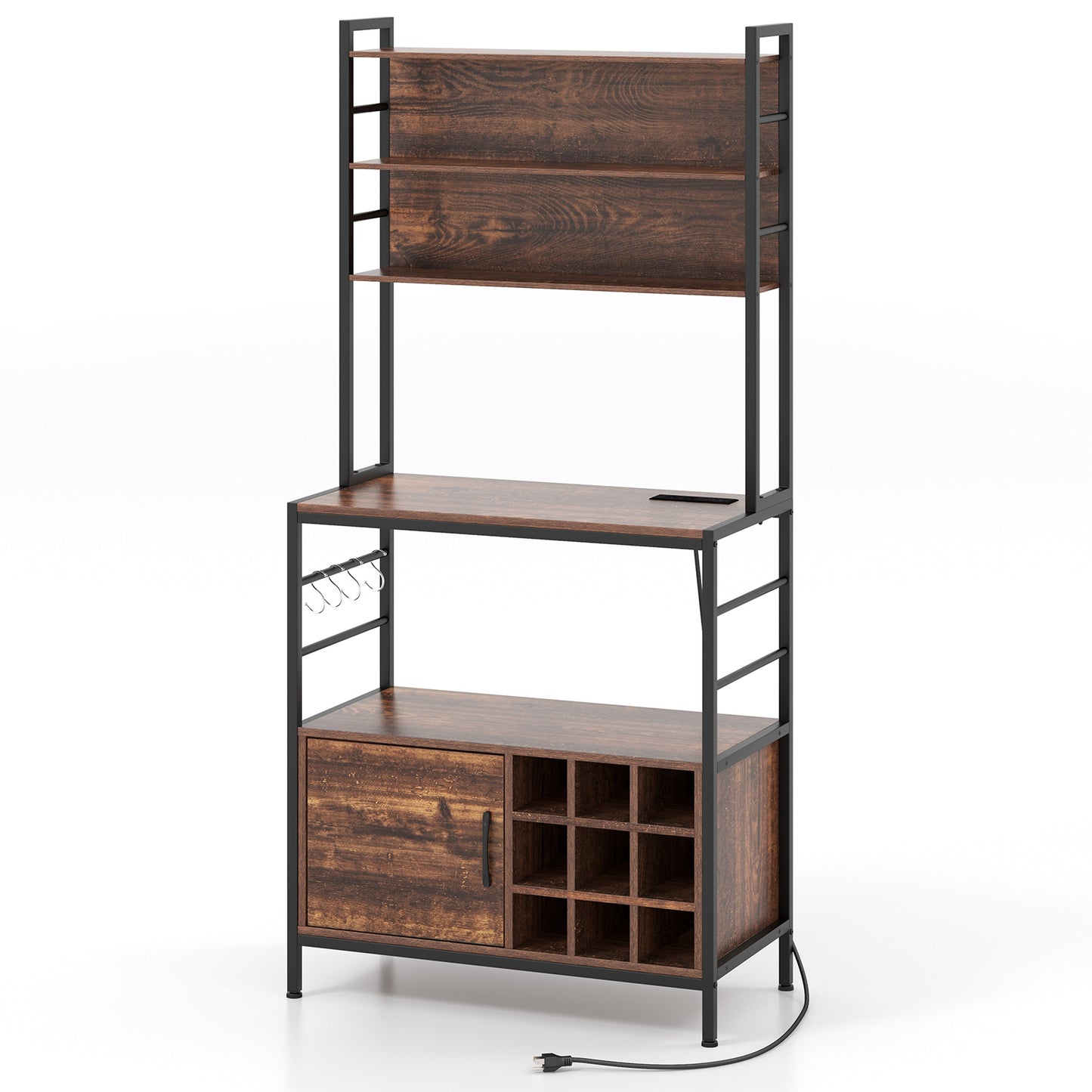 Coffee Bar Cabinet with S-Shaped Hooks and Wine Bottle Holders, Rustic Brown Wine Racks at Gallery Canada