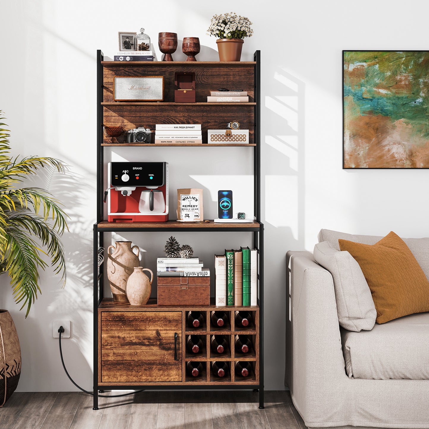 Coffee Bar Cabinet with S-Shaped Hooks and Wine Bottle Holders, Rustic Brown Wine Racks at Gallery Canada