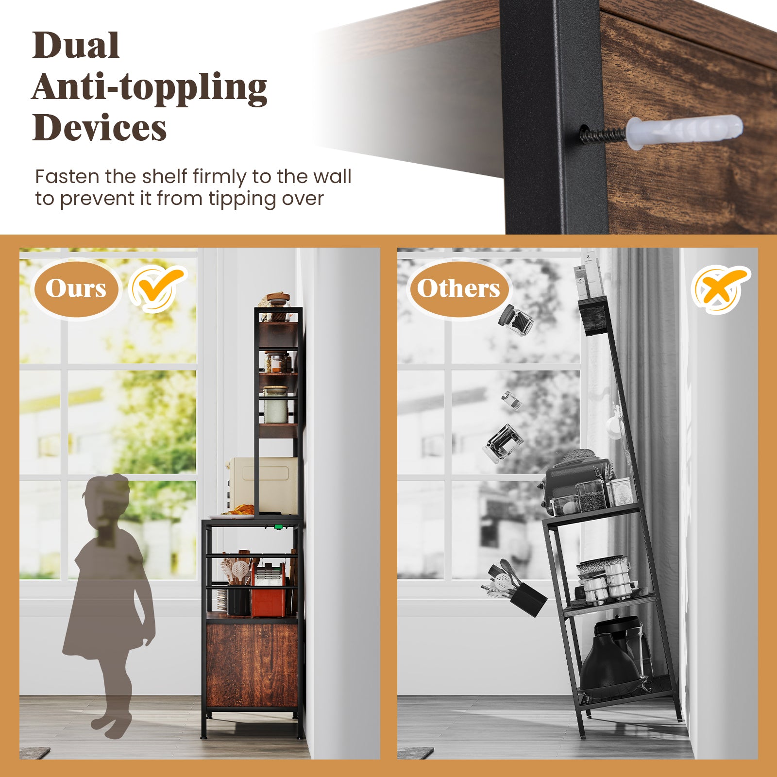 Coffee Bar Cabinet with S-Shaped Hooks and Wine Bottle Holders, Rustic Brown Wine Racks at Gallery Canada