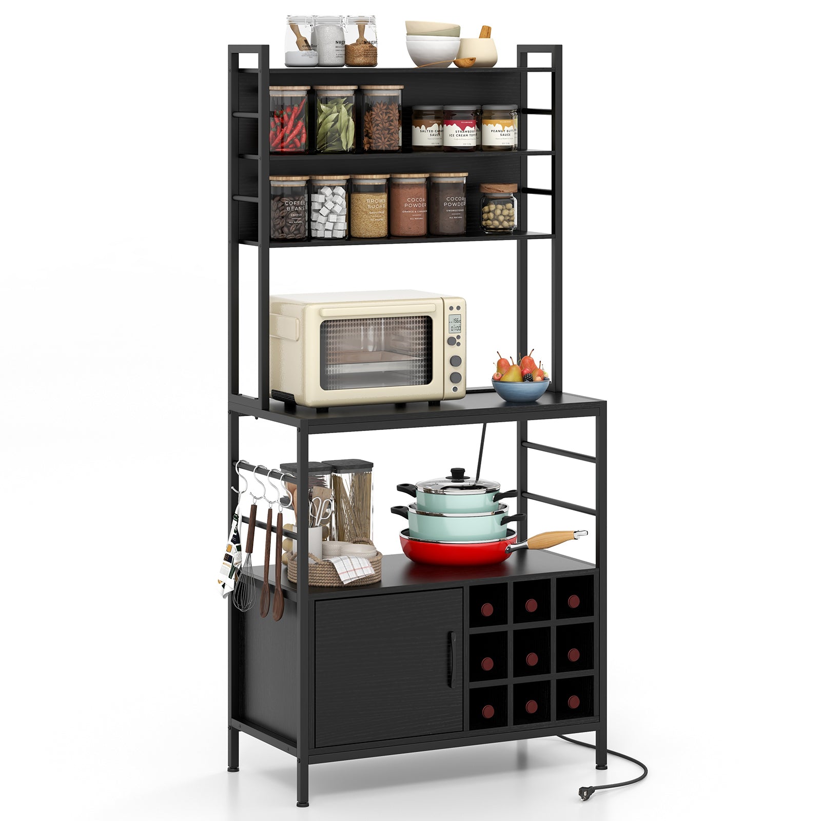 Coffee Bar Cabinet with S-Shaped Hooks and Wine Bottle Holders, Black Wine Racks Black at Gallery Canada