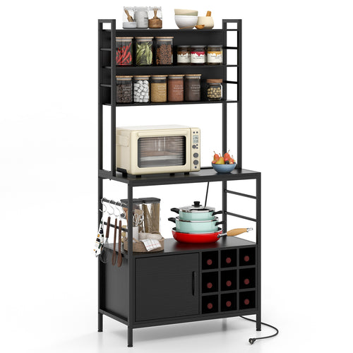 Coffee Bar Cabinet with S-Shaped Hooks and Wine Bottle Holders, Black