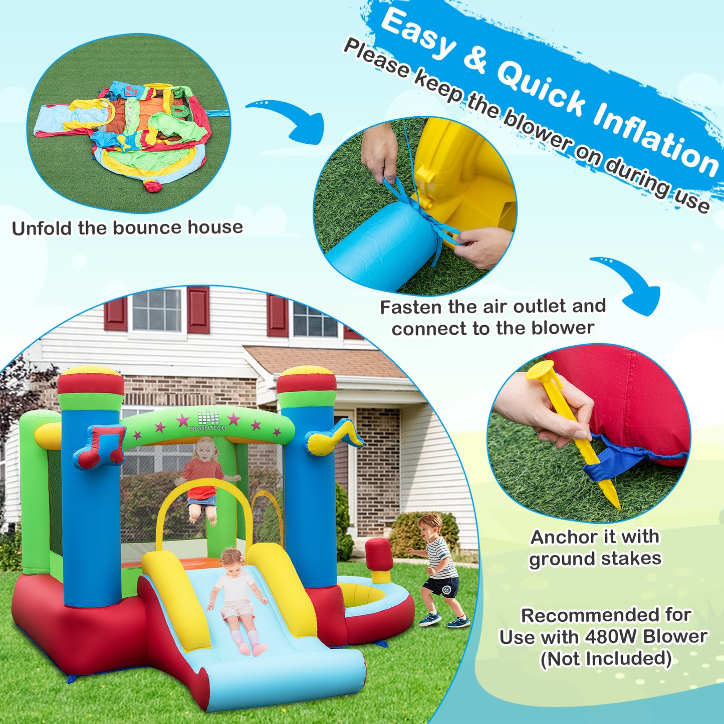 Inflatable Bounce House Kids Music-Themed Castle Sound Interaction Inflatable Bouncer without Blower, Multicolor Bounce House at Gallery Canada