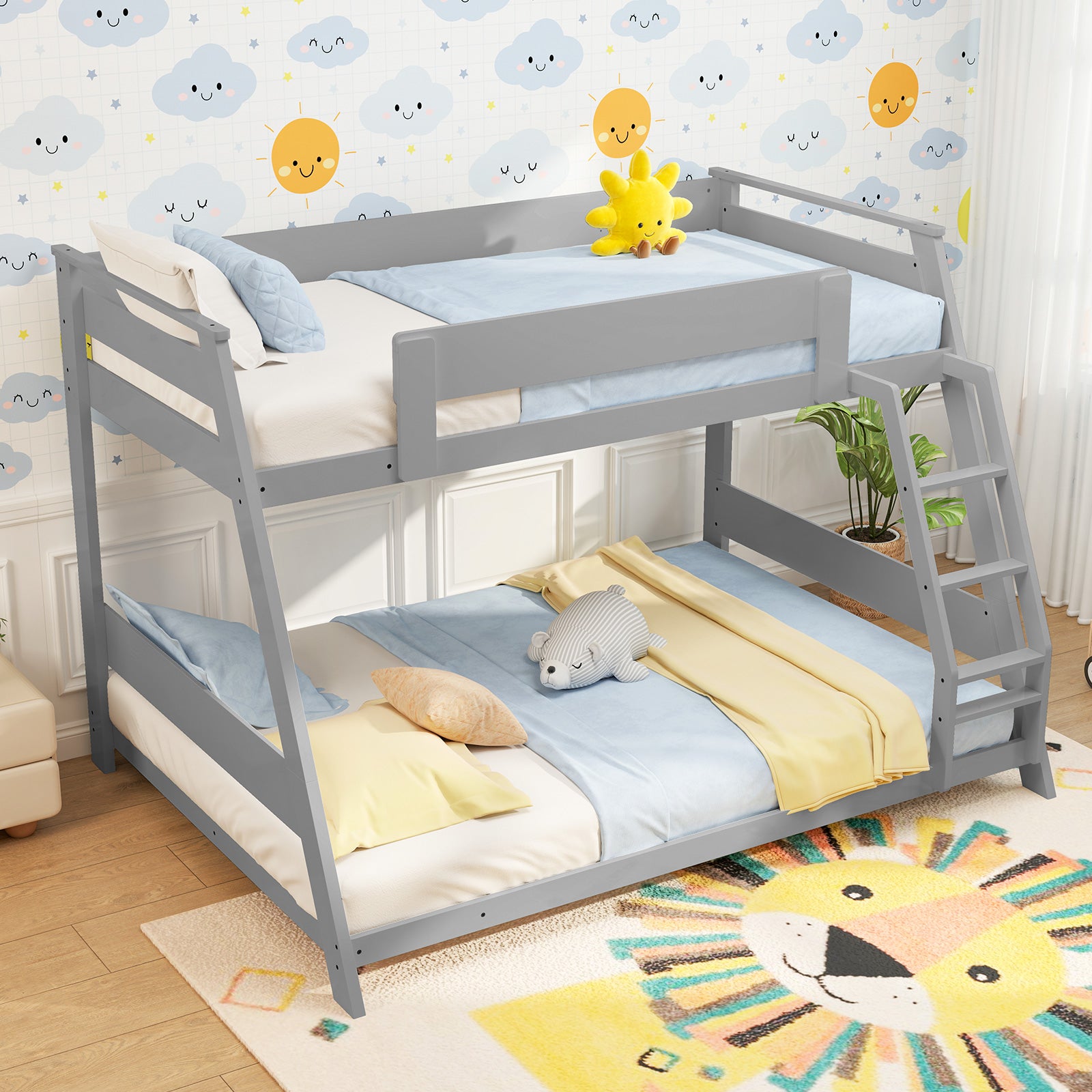 Twin Over Full Low Bunk Bed with Reversible Ladder, Gray Bunk Bed Frame at Gallery Canada