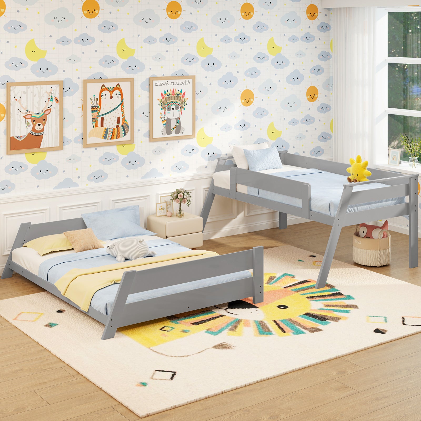 Twin Over Full Low Bunk Bed with Reversible Ladder, Gray Bunk Bed Frame at Gallery Canada