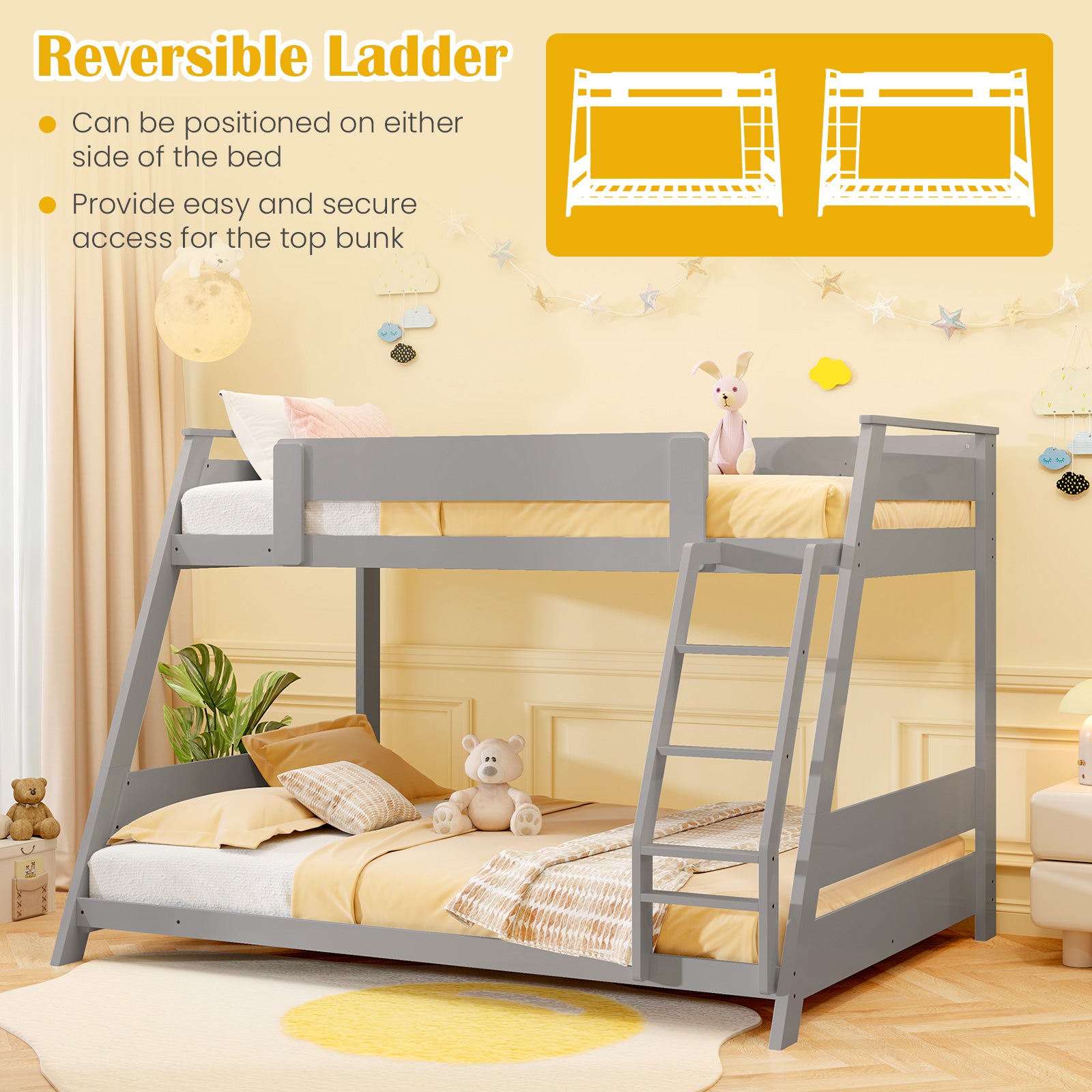 Twin Over Full Low Bunk Bed with Reversible Ladder, Gray Bunk Bed Frame at Gallery Canada