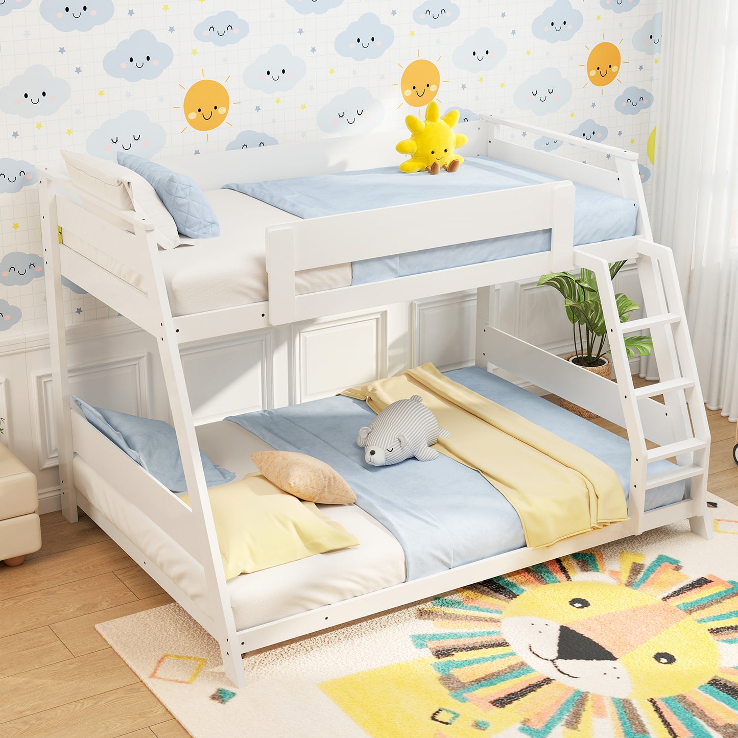 Twin Over Full Low Bunk Bed, Reversible Ladder, White Bunk Bed Frame at Gallery Canada