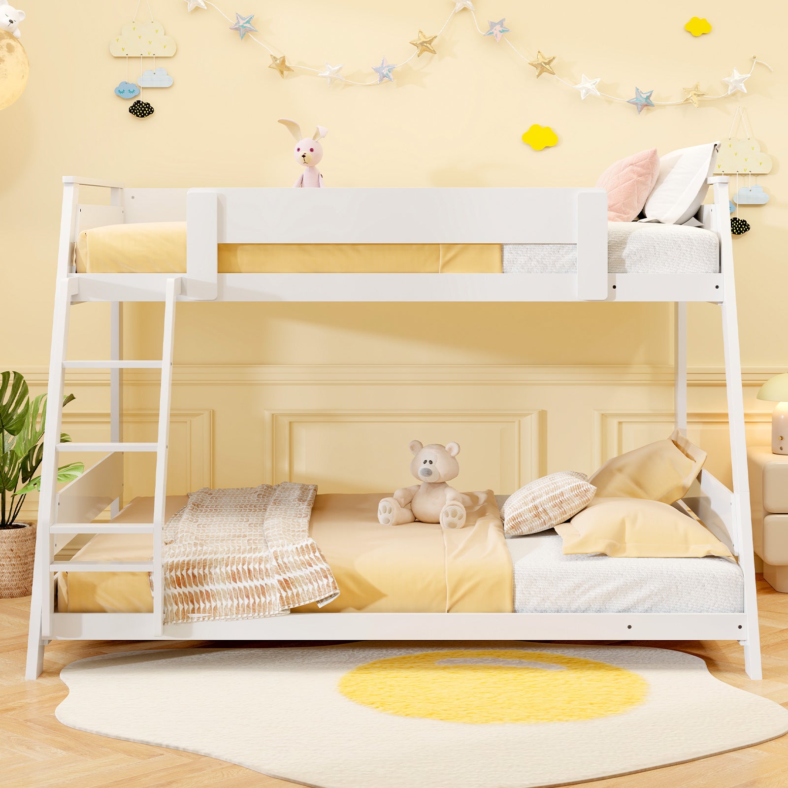 Twin Over Full Low Bunk Bed, Reversible Ladder, White Bunk Bed Frame at Gallery Canada