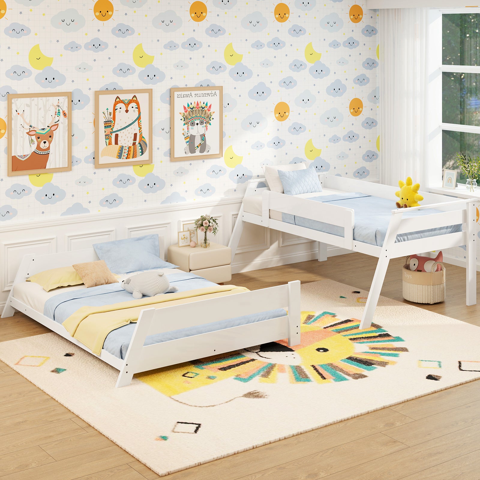 Twin Over Full Low Bunk Bed, Reversible Ladder, White Bunk Bed Frame at Gallery Canada