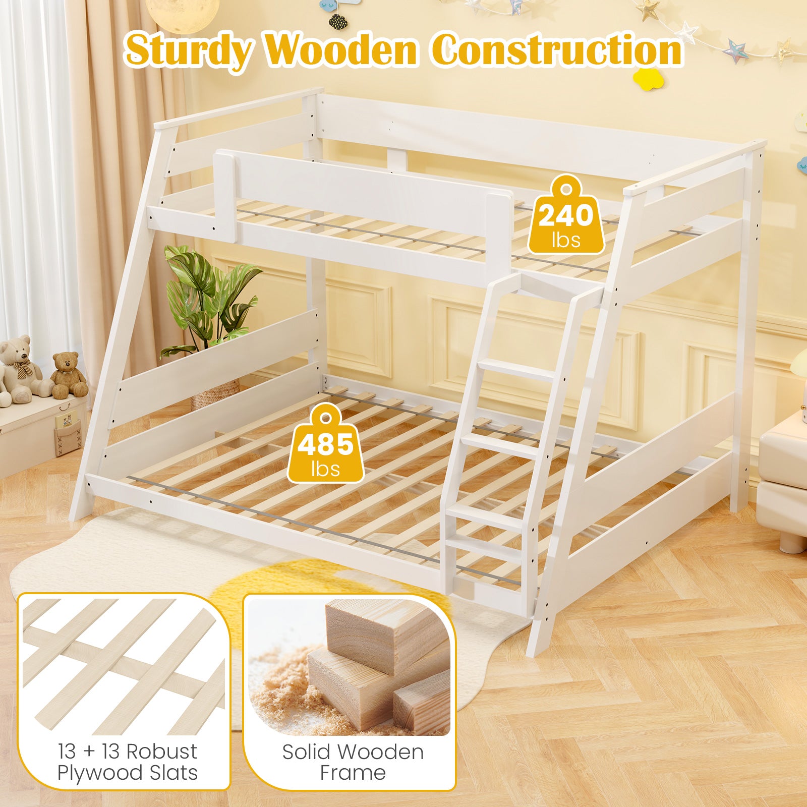 Twin Over Full Low Bunk Bed, Reversible Ladder, White Bunk Bed Frame at Gallery Canada