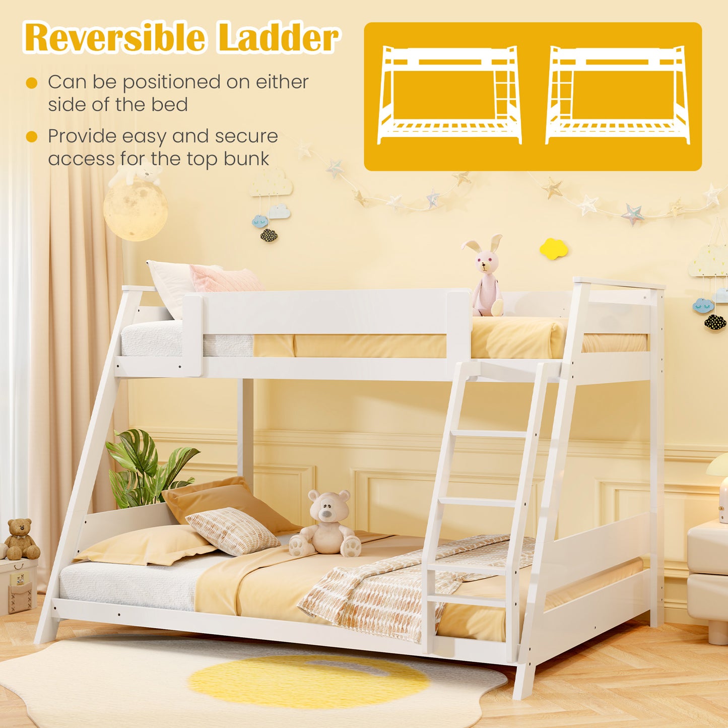 Twin Over Full Low Bunk Bed, Reversible Ladder, White Bunk Bed Frame at Gallery Canada