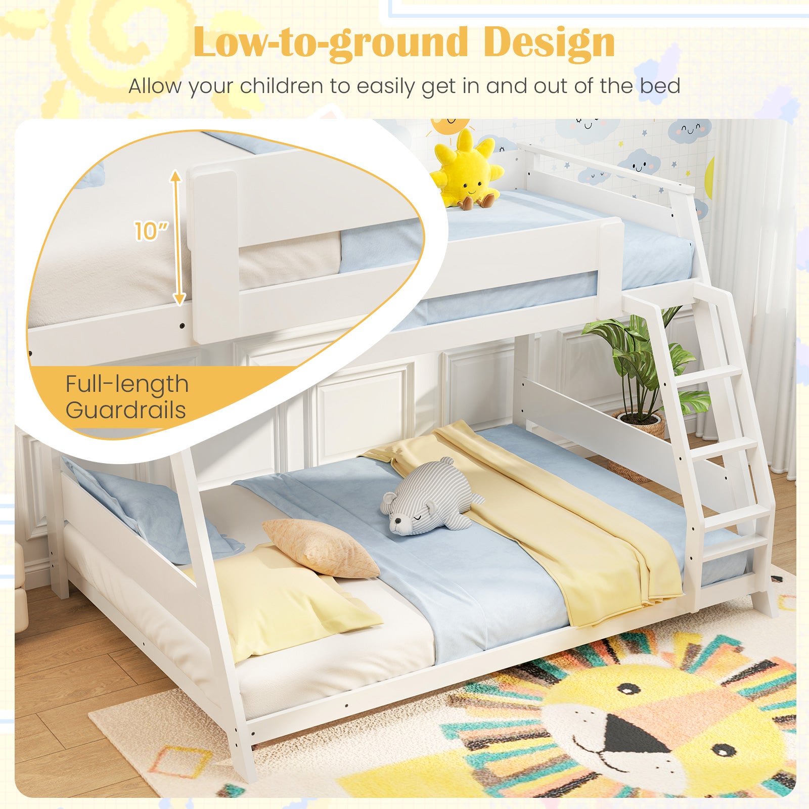 Twin Over Full Low Bunk Bed, Reversible Ladder, White Bunk Bed Frame at Gallery Canada
